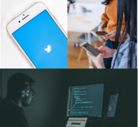 twitter app, two people with phones, man coding